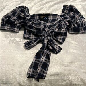 Plaid Puff Sleeve Tie-Front Top